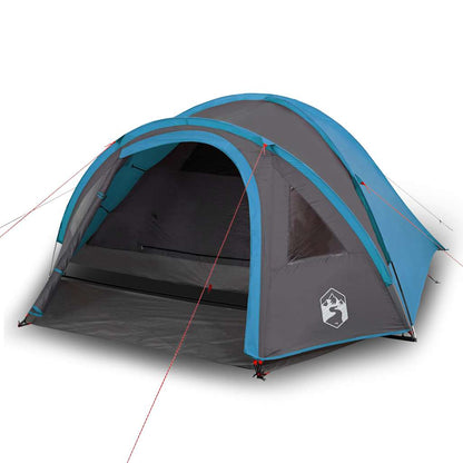 Zijaanzicht van de vidaXL koepeltent in blauw, met open ingang en ventilatieroosters.