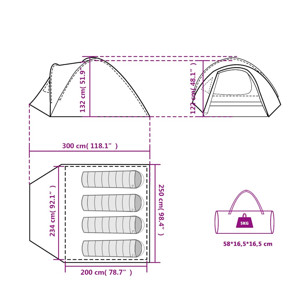 Detail van de vidaXL koepeltent met afmetingen en indeling voor vier personen.