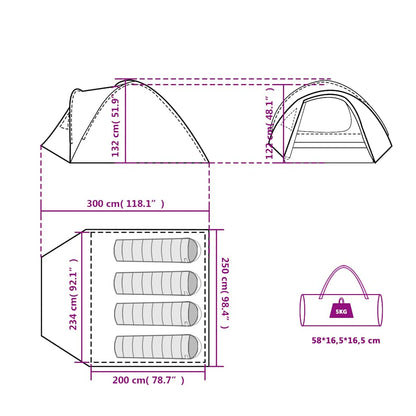 Detail van de vidaXL koepeltent met afmetingen en indeling voor vier personen.