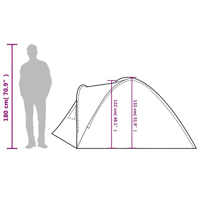 Zijaanzicht van de vidaXL koepeltent met afmetingen en silhouet van een persoon.