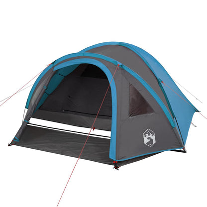 Detail van de vidaXL koepeltent in blauw met open ingang en ventilatieroosters.