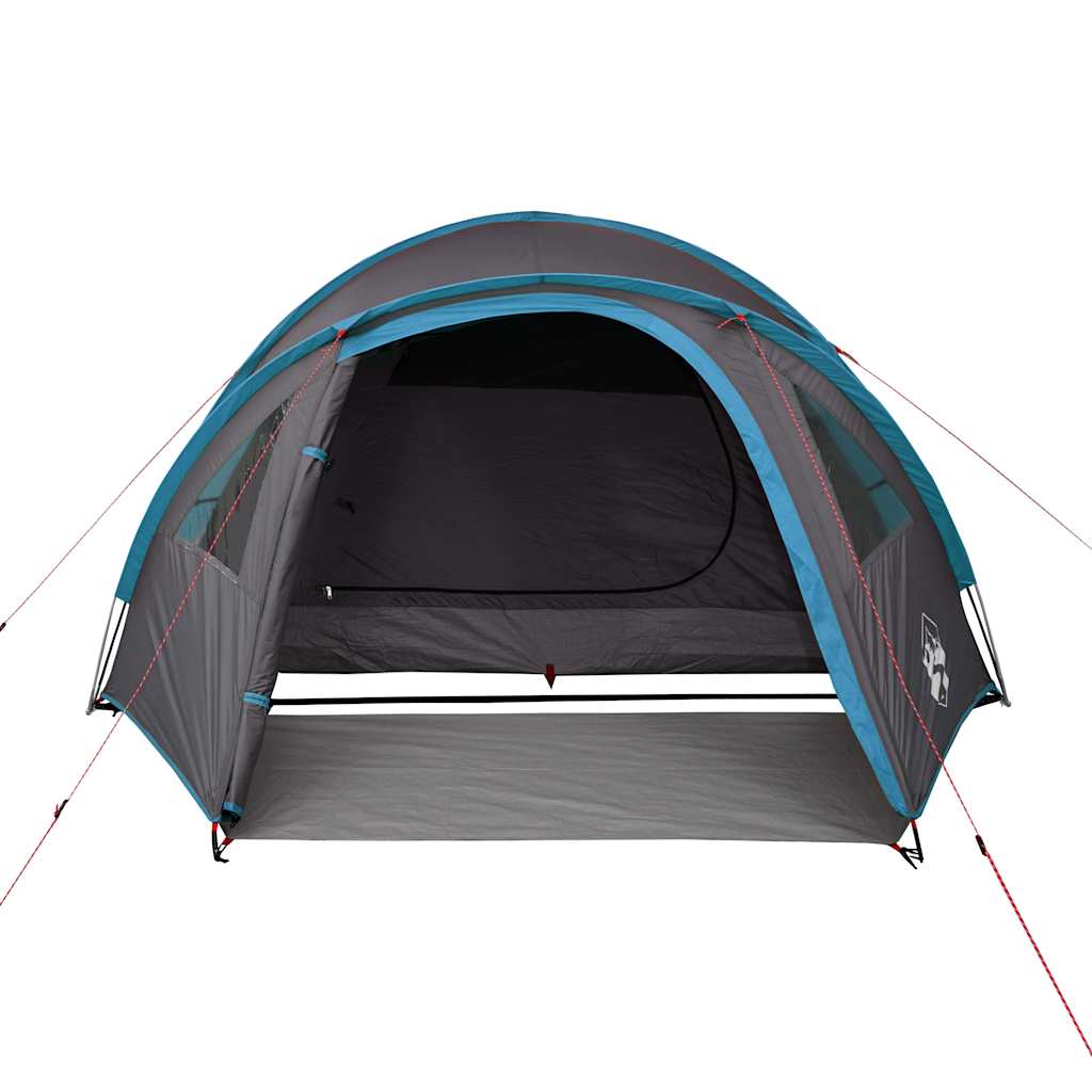 Zijaanzicht van de vidaXL koepeltent, waterdicht met blauwe accenten en ventilatieroosters.