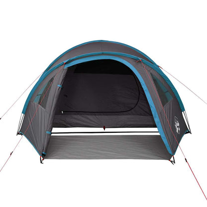 Zijaanzicht van de vidaXL koepeltent, waterdicht met blauwe accenten en ventilatieroosters.