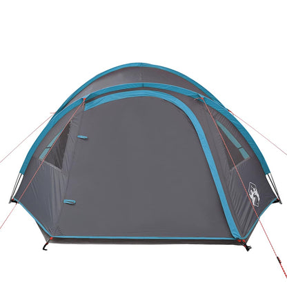 Zijaanzicht van de vidaXL koepeltent in blauw met waterdichte en ventilatiekenmerken.