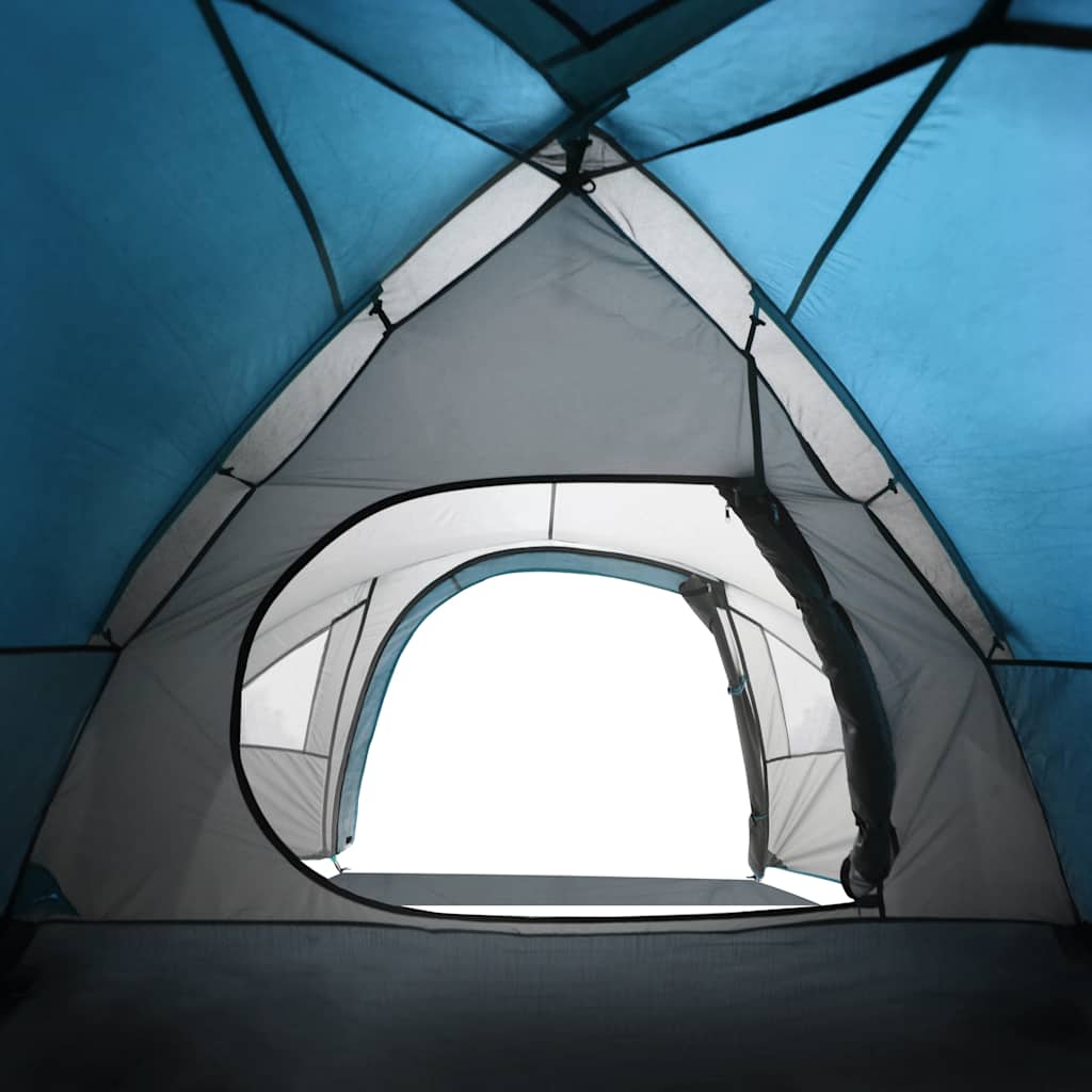 Zijaanzicht van de vidaXL koepeltent met zicht op het ventilatierooster en de blauwe binnentent.