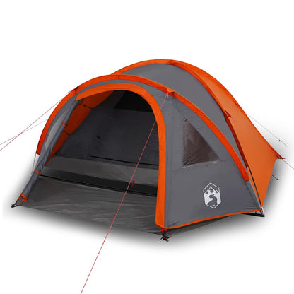 Zijaanzicht van de vidaXL koepeltent in oranje met grijze details en gaasventilatie.