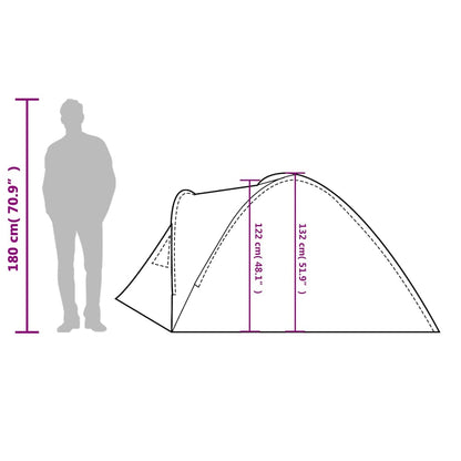 Zijaanzicht van de vidaXL koepeltent met afmetingen en silhouet van een persoon.