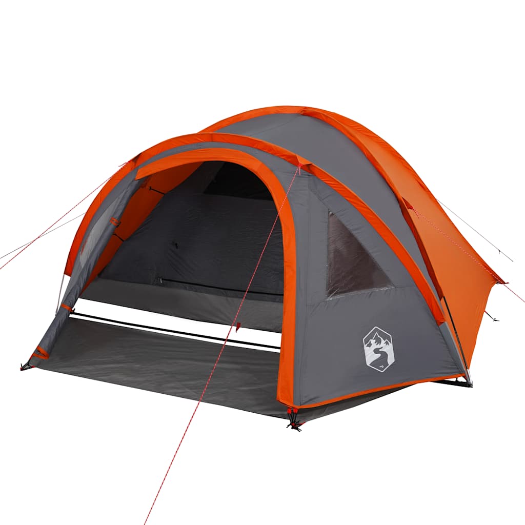 Detail van de vidaXL koepeltent in oranje en grijs, met open ingang en gaaswanden.