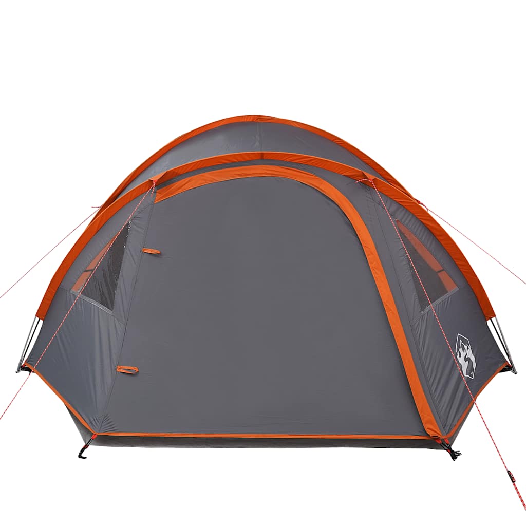 Zijaanzicht van de vidaXL koepeltent in grijs met oranje accenten en ventilatieroosters.