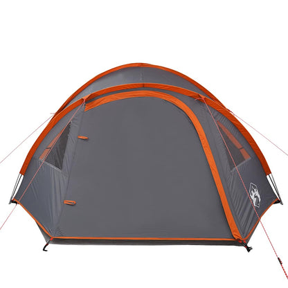 Zijaanzicht van de vidaXL koepeltent in grijs met oranje accenten en ventilatieroosters.