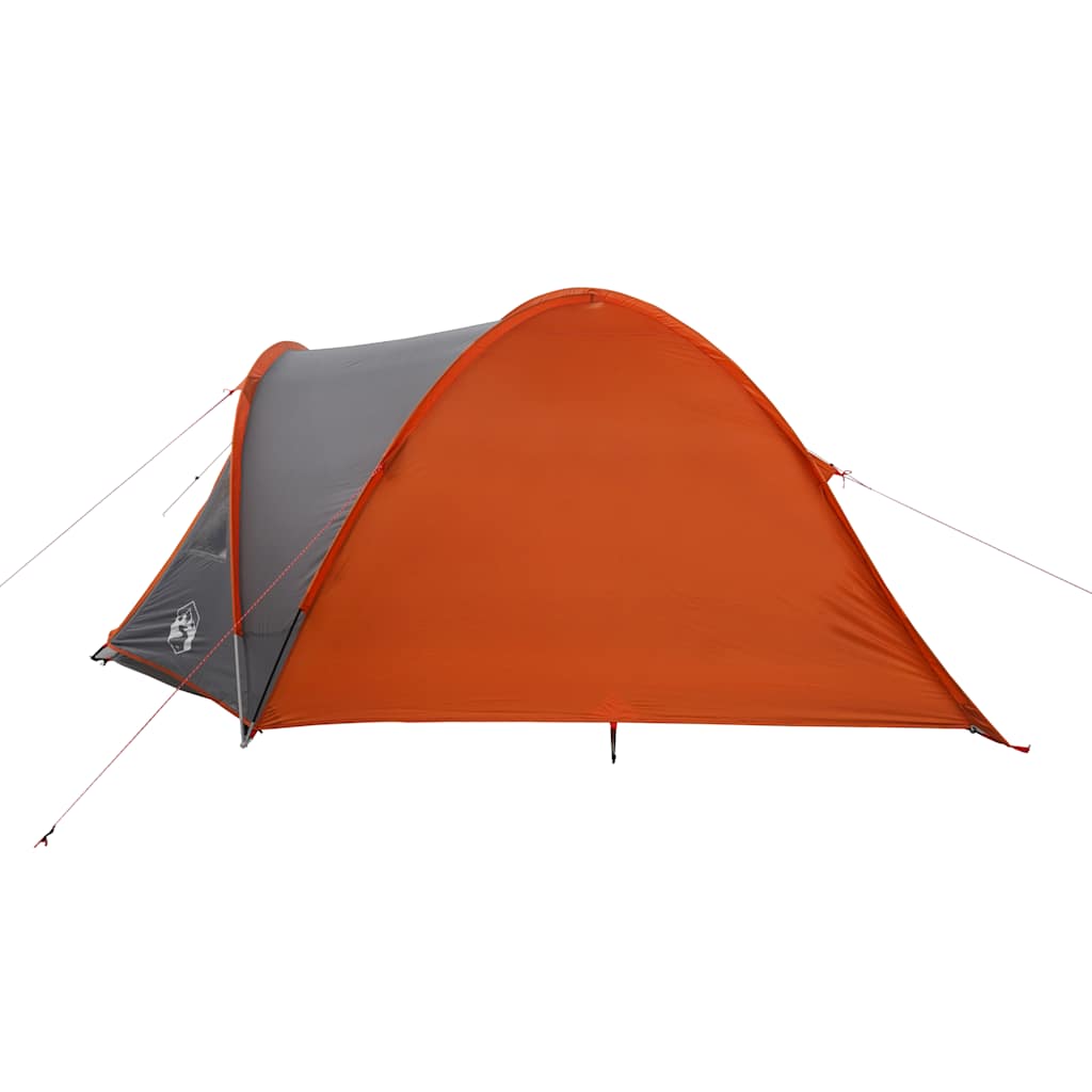 Zijaanzicht van de vidaXL koepeltent 4-persoons in oranje en grijs, met stevige lijnen.