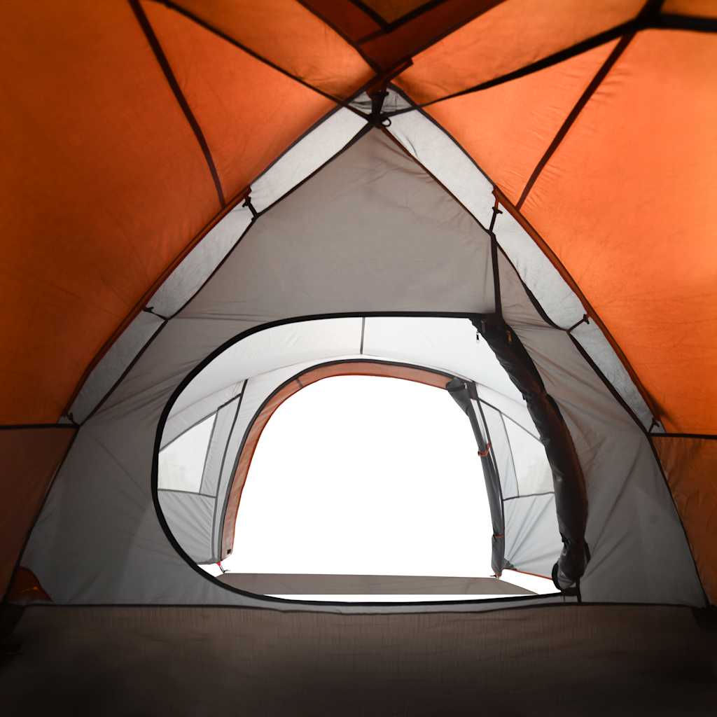 Detail van de oranje vidaXL koepeltent met ventilatierooster en gaaswanden.
