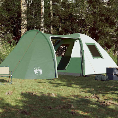 Zijaanzicht van de vidaXL koepeltent in groen, met open ingangen en ventilatie.