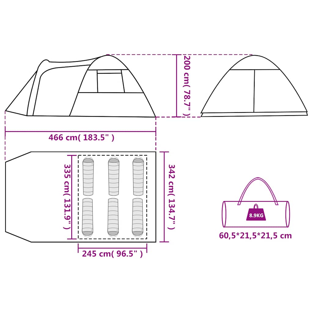 Detailtekening van de vidaXL koepeltent met afmetingen en opberginformatie.