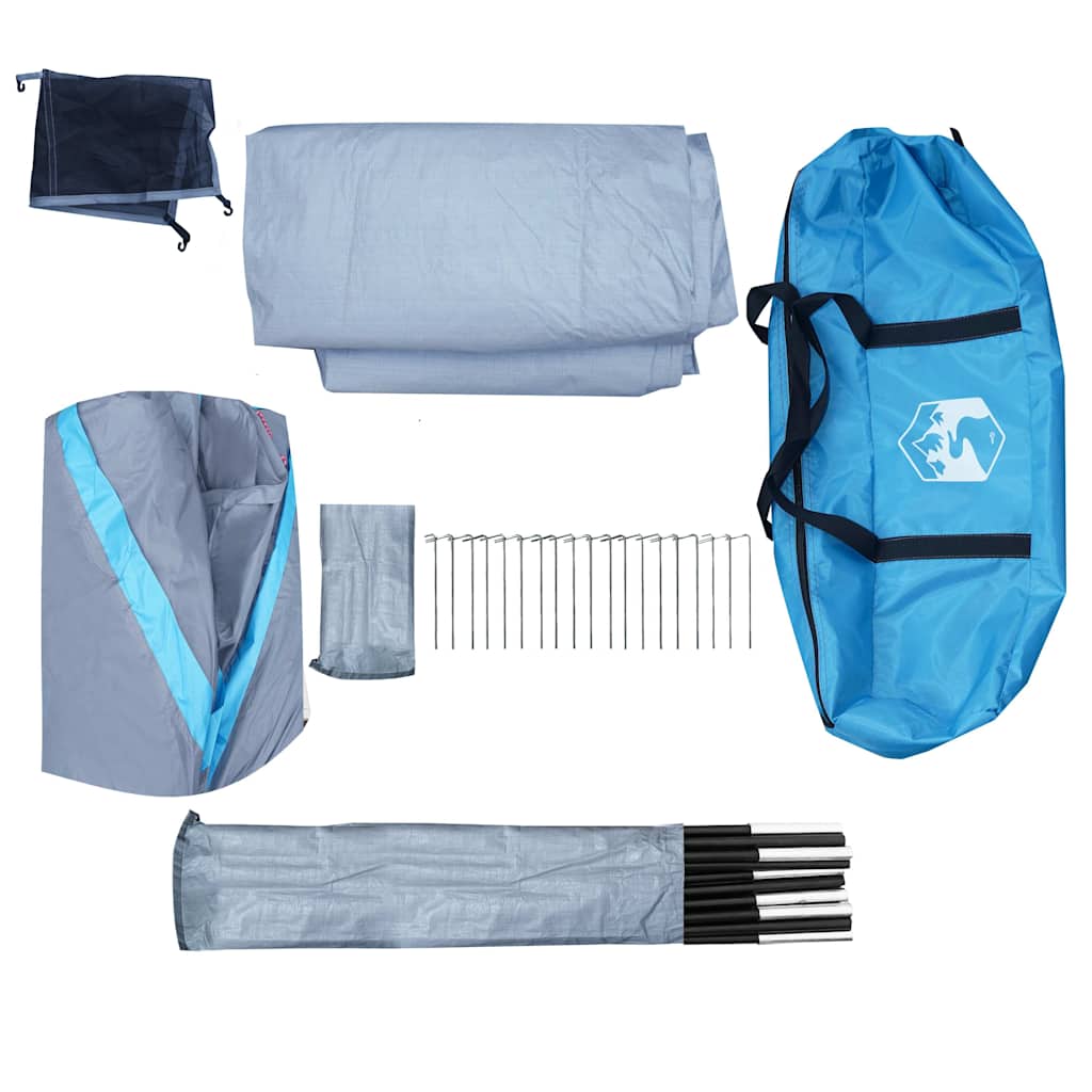 Detail van de accessoires en stokken van de vidaXL koepeltent in blauw.