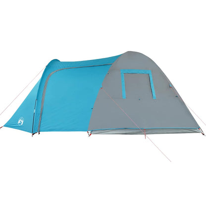 Zijaanzicht van de vidaXL koepeltent in blauw en grijs met ventilatierooster.