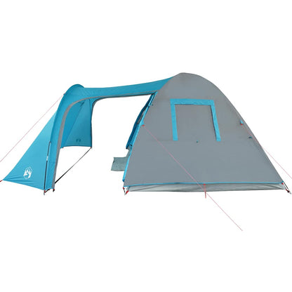 Zijaanzicht van de vidaXL koepeltent in blauw met grijze details en een luifel.