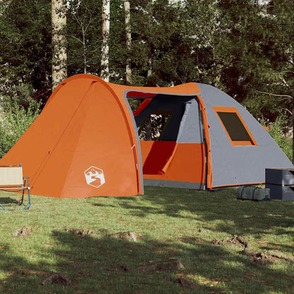 Zijaanzicht van de vidaXL koepeltent in oranje en grijs, met open ingang en venster.