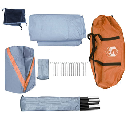 Detail van de vidaXL koepeltent met tentstokken, haringen en opbergtas in oranje en blauw.