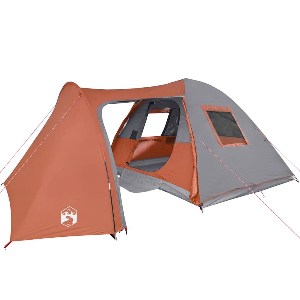 Zijaanzicht van de vidaXL 6-persoons koepeltent in oranje en grijs met ventilatieroosters.