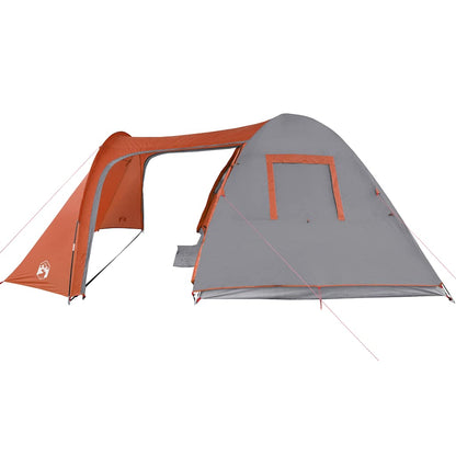 Detail van de vidaXL koepeltent in oranje en grijs, zijaanzicht met luifel.
