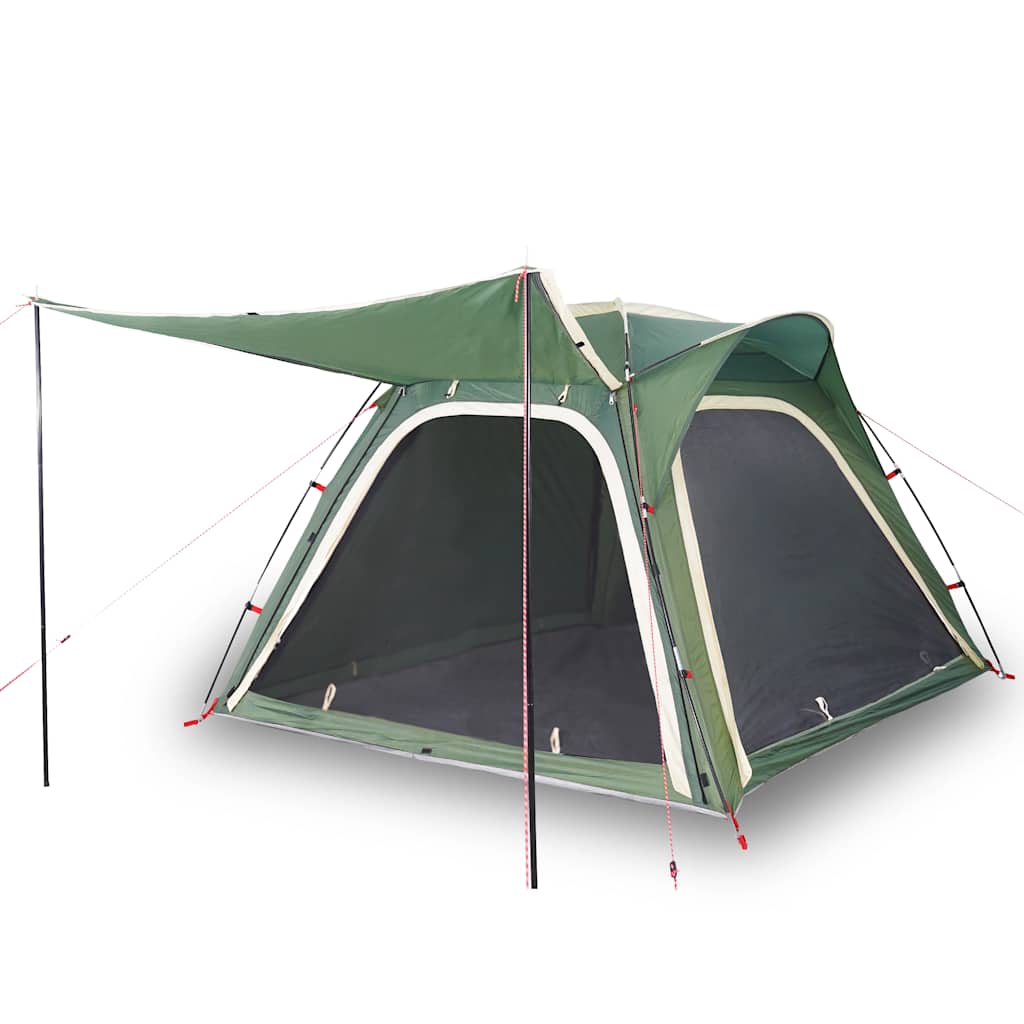 Detail van de vidaXL 4-persoons tent in groen, met waterdichte buitenzijde en ventilatieroosters.