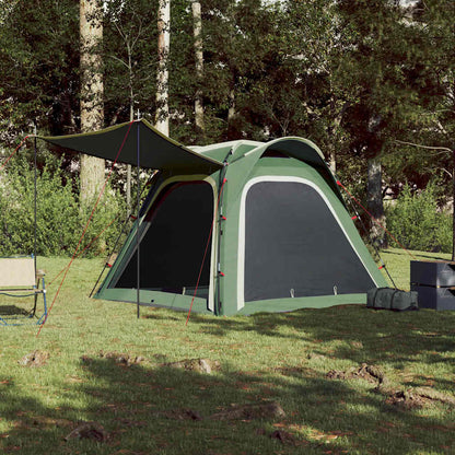 Detail van de vidaXL 4-persoons tent in groen, met open luifel en zijventilatie.