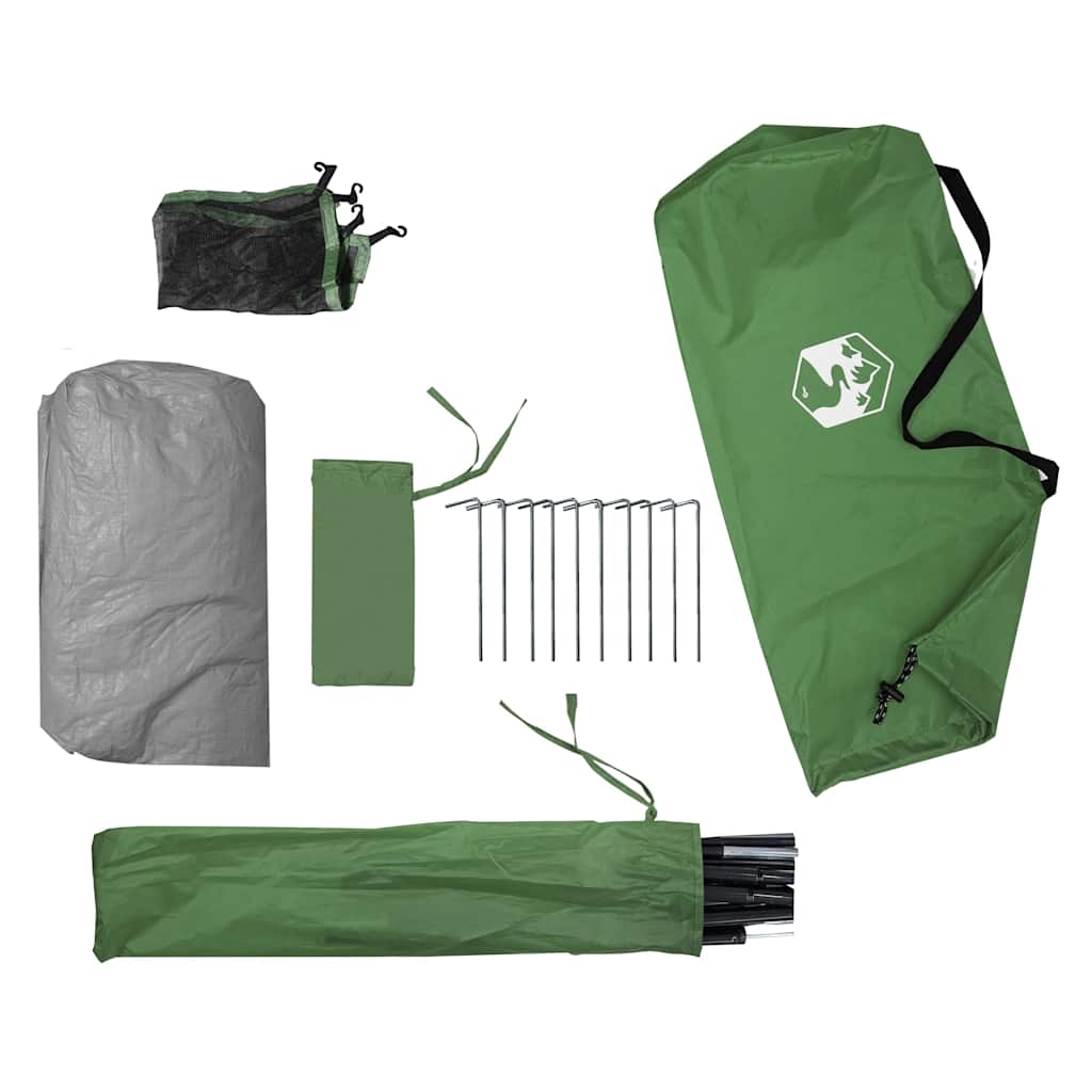 Detail van de vidaXL 4-persoons tentaccessoires in groene en grijze kleuren, inclusief stokken en haringen.