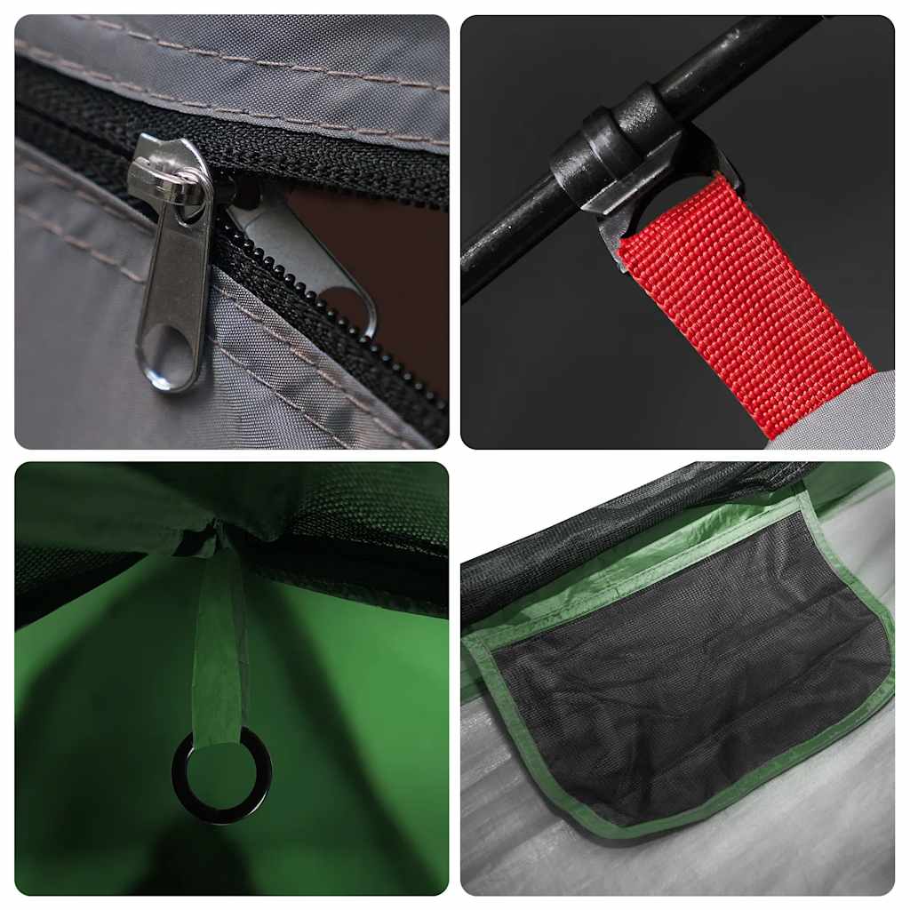 Detail van de rits en bevestigingspunten van de vidaXL 4-persoons tent in groen.