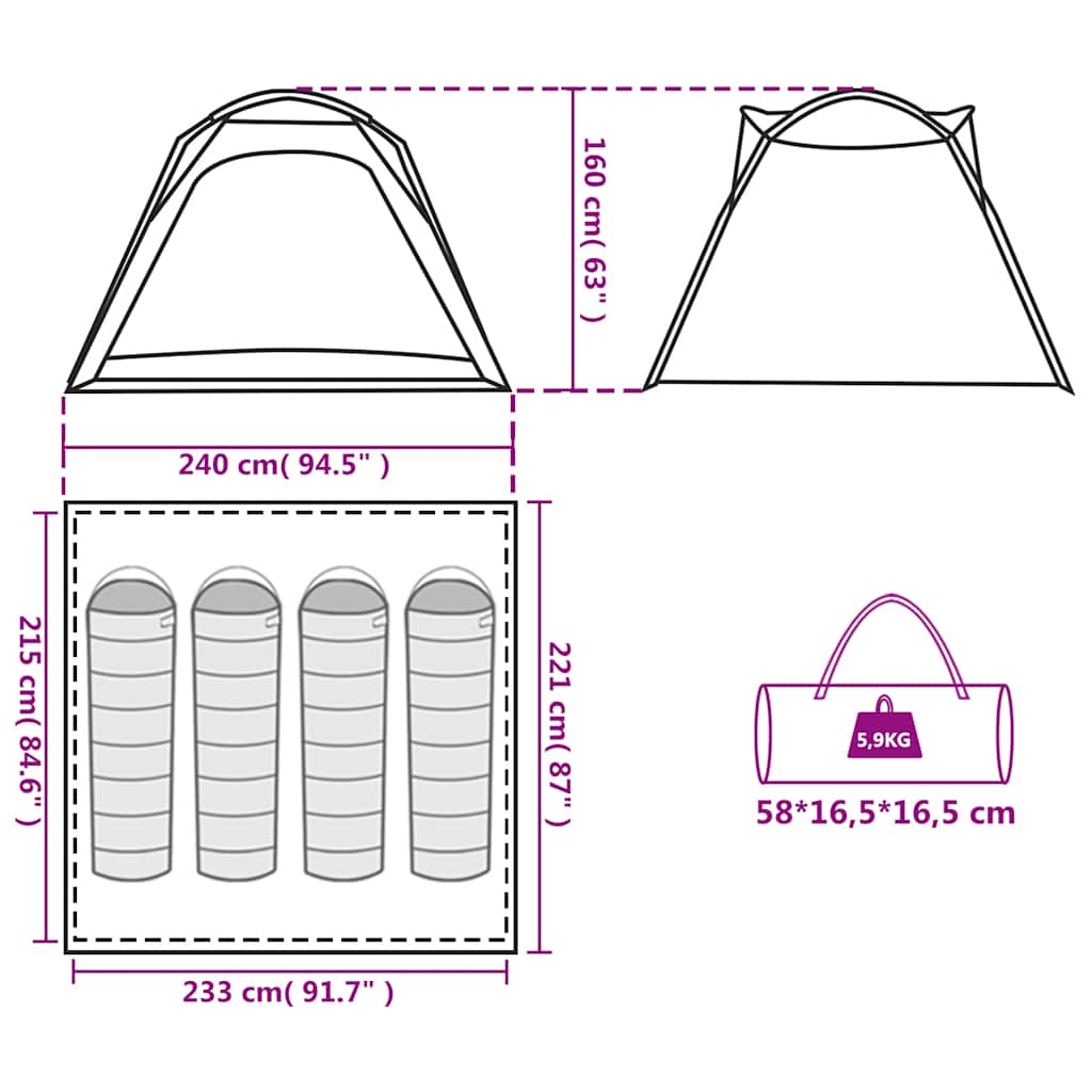 Detail van de afmetingen en het ontwerp van de vidaXL 4-persoons tent in groen.