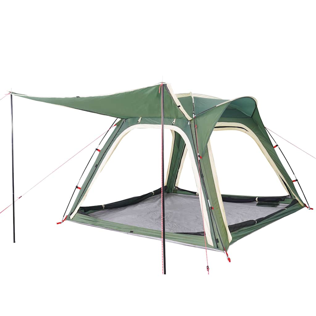 Detail van de vidaXL 4-persoons tent in groen, met openstaande luifel en zijwanden.