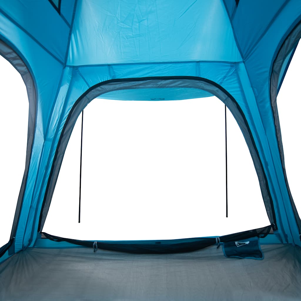 Detail van de binnenkant van de vidaXL tent met blauwe wanden en ventilatieroosters.