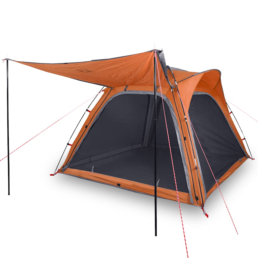 Detail van de vidaXL tent met grijze en oranje kleuren, zijaanzicht met uitklapbare luifel.