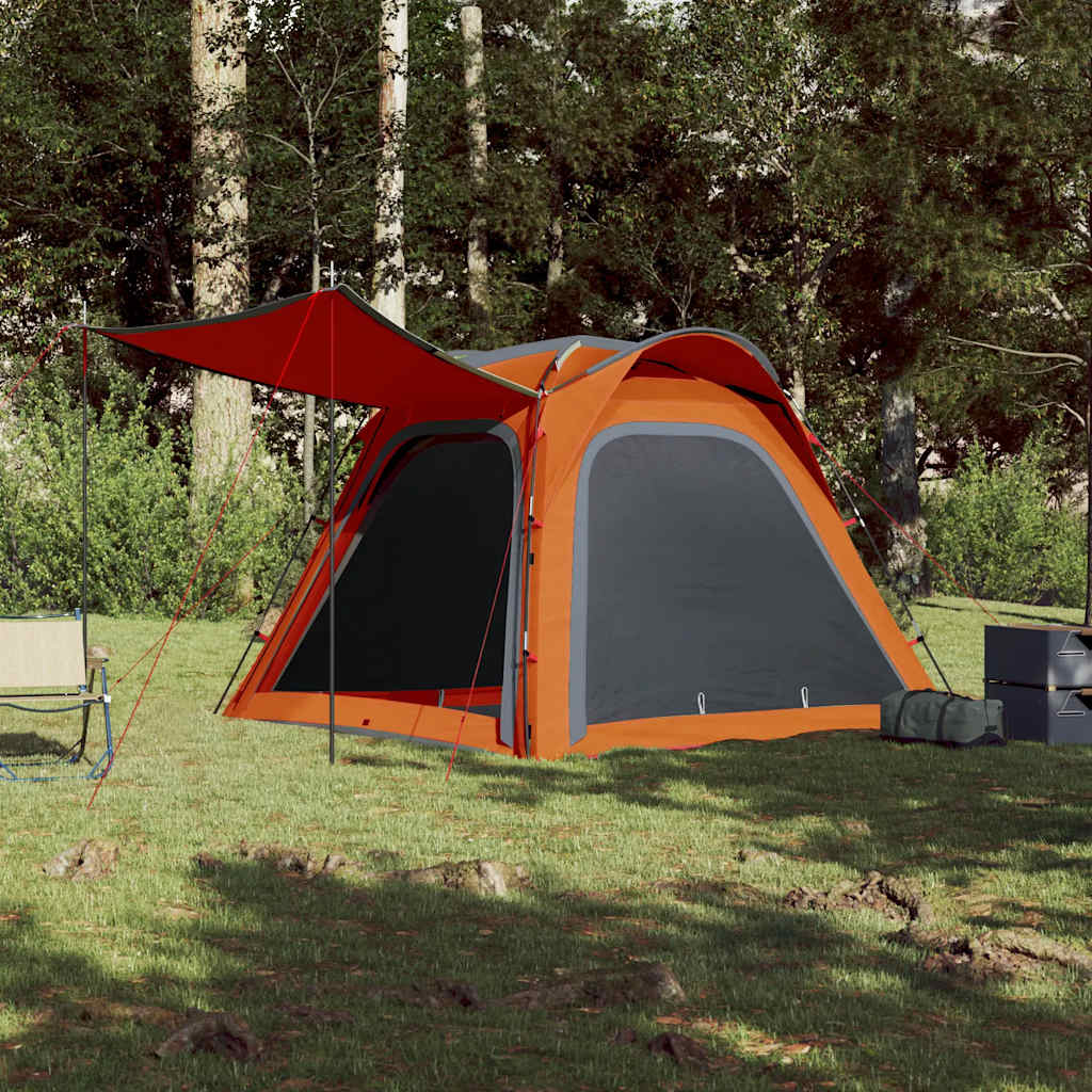 Zijaanzicht van de vidaXL 4-persoons tent in grijs en oranje, met luifel en gaaswanden.