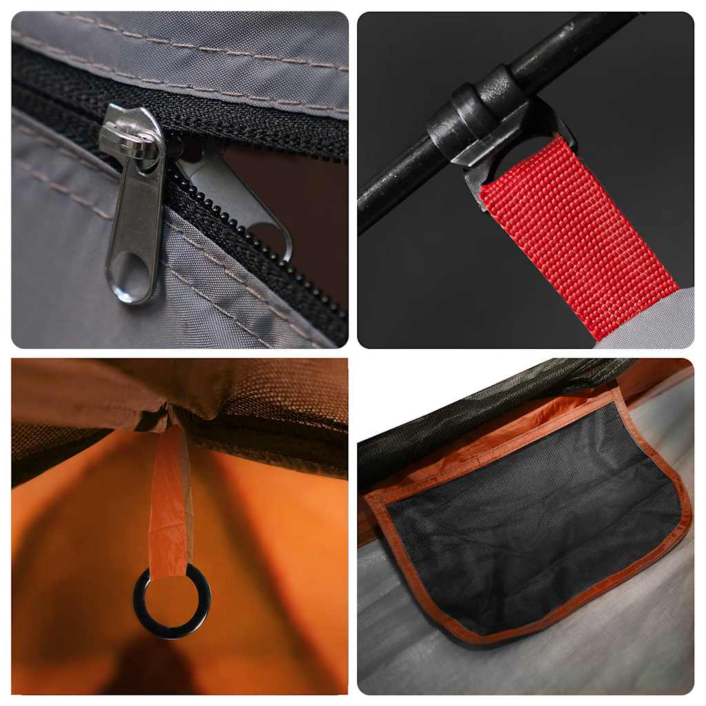 Detail van de rits en bevestigingssystemen van de vidaXL 4-persoons tent in grijs en oranje.