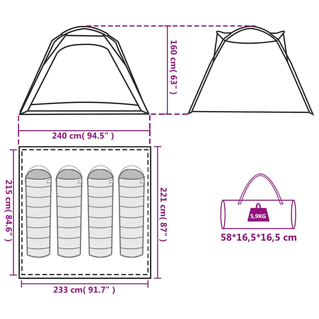 Detail van de afmetingen en het opbergsysteem van de vidaXL 4-persoons tent.