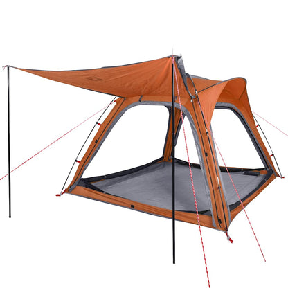 Detail van de vidaXL tent met grijze en oranje kleur, zijaanzicht met uitgevouwen luifel.