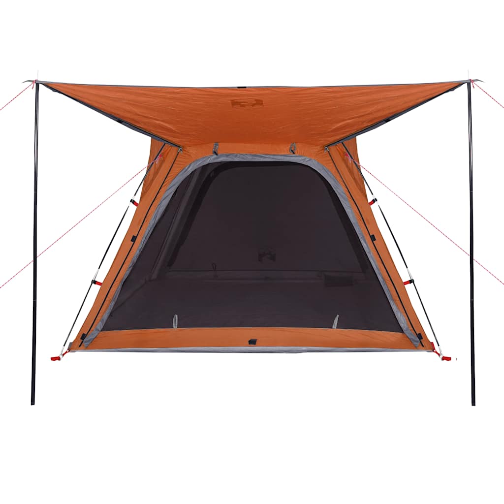 Detail van de tent met grijze en oranje kleur, met gaaswanden voor ventilatie.