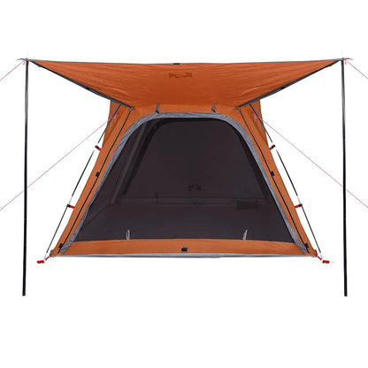 Detail van de tent met grijze en oranje kleur, met gaaswanden voor ventilatie.