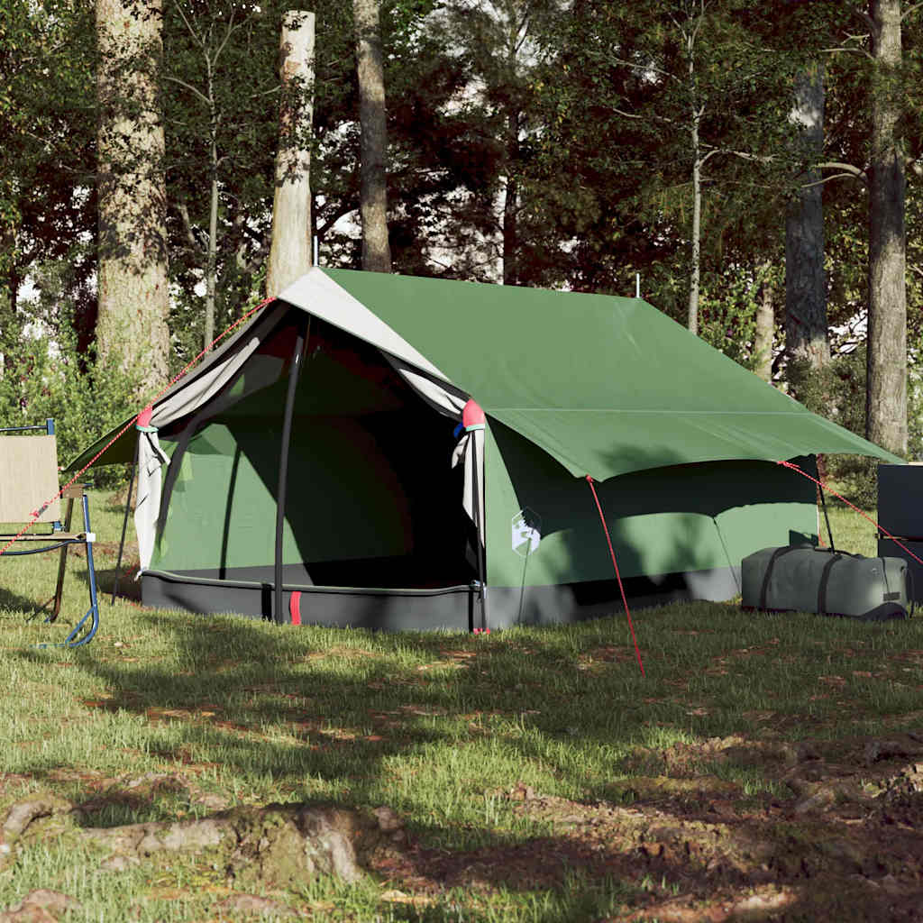 Detail van de vidaXL 2-persoons tent in groen, met open voorkant en waterdichte bescherming.