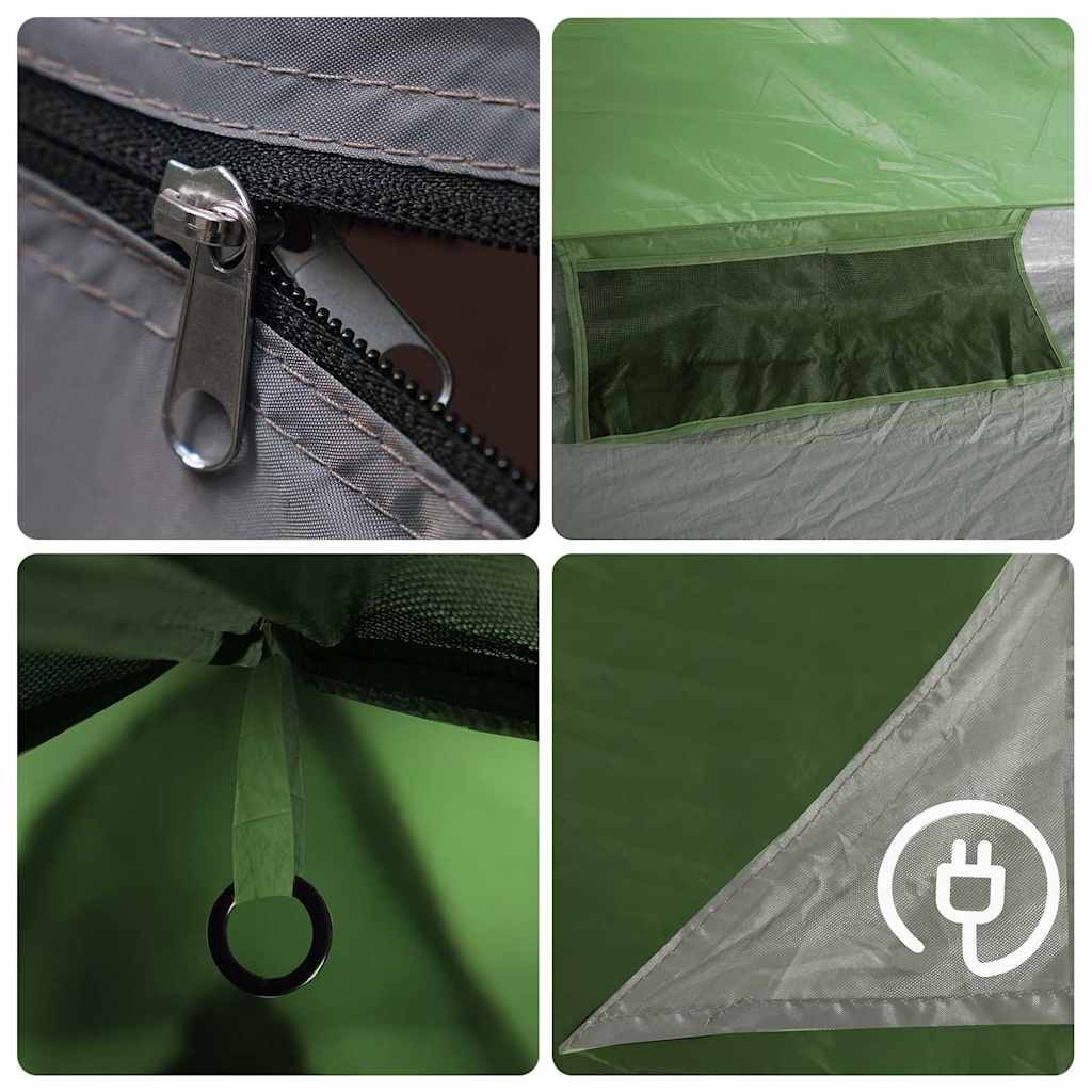 Detail van de rits en ventilatierooster van de vidaXL 2-persoons tent, waterdicht groen.