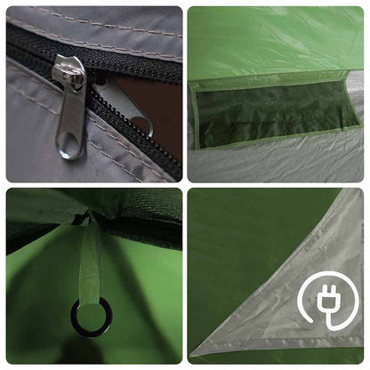 Detail van de rits en ventilatierooster van de vidaXL 2-persoons tent, waterdicht groen.