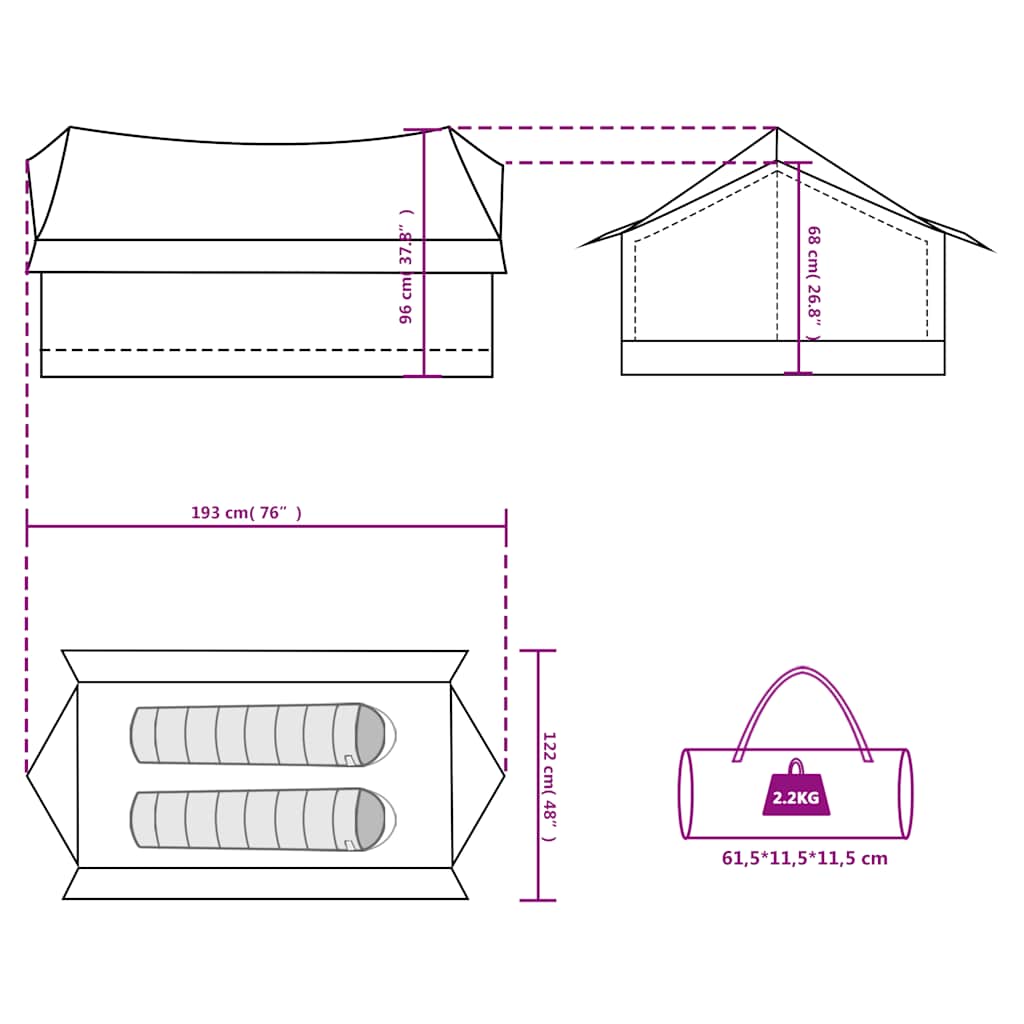 Technische tekening van de vidaXL 2-persoons tent met afmetingen en opbergtas.