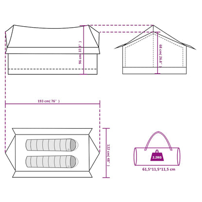 Technische tekening van de vidaXL 2-persoons tent met afmetingen en opbergtas.