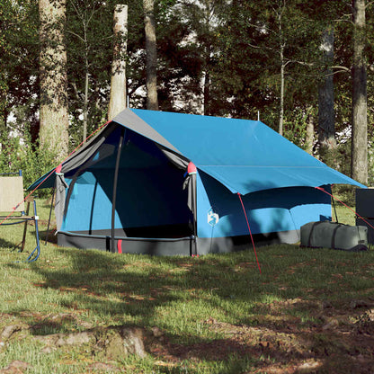 Zijaanzicht van de vidaXL 2-persoons tent in blauw, met ventilatie en waterdichte schaduwdoek.