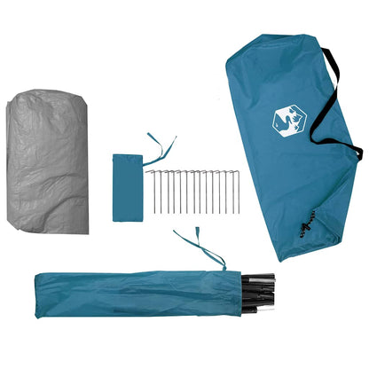 Detail van de accessoires van de vidaXL 2-persoons tent, inclusief stokken en haringen.