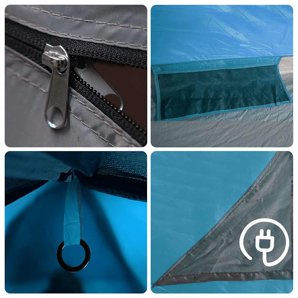 Detail van de rits en ventilatieroosters van de vidaXL 2-persoons tent in blauw.