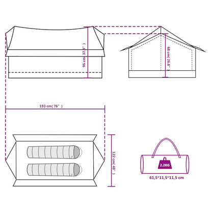 Detail van de afmetingen en indeling van de vidaXL 2-persoons tent in blauw.