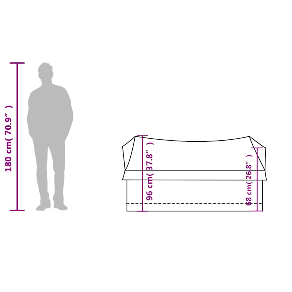 Detail van de tent met afmetingen en zijaanzicht van de vidaXL 2-persoons tent.