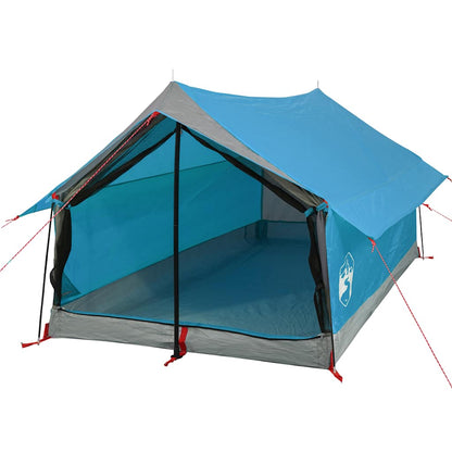 Detail van de vidaXL 2-persoons tent in blauw met open ingang en ventilatierooster.